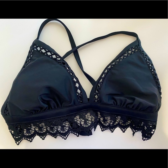 Black Triangle Tie Bikini Top with Lace Detailing - Picture 1 of 2